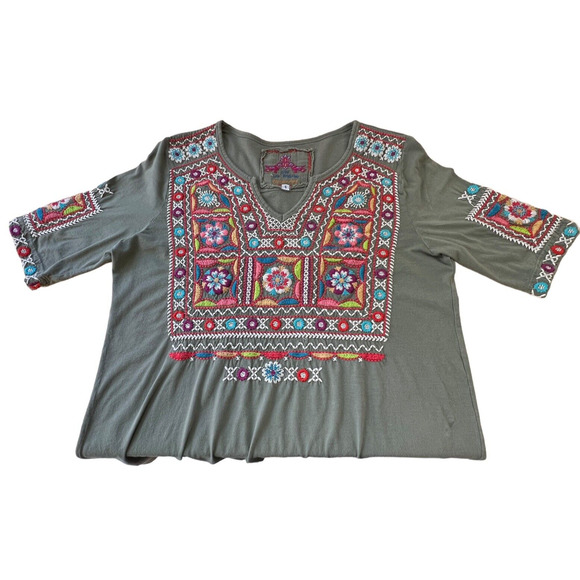 Johnny Was JW Los Angeles Olive Green Floral Embroidered Peasant Blouse Small - Picture 6 of 10